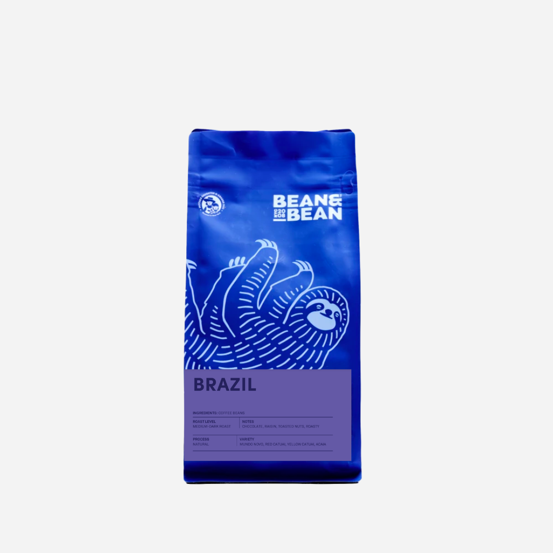 Purple "Bean & Bean Coffee Roasters" bag with a purple label that says "Brazil"