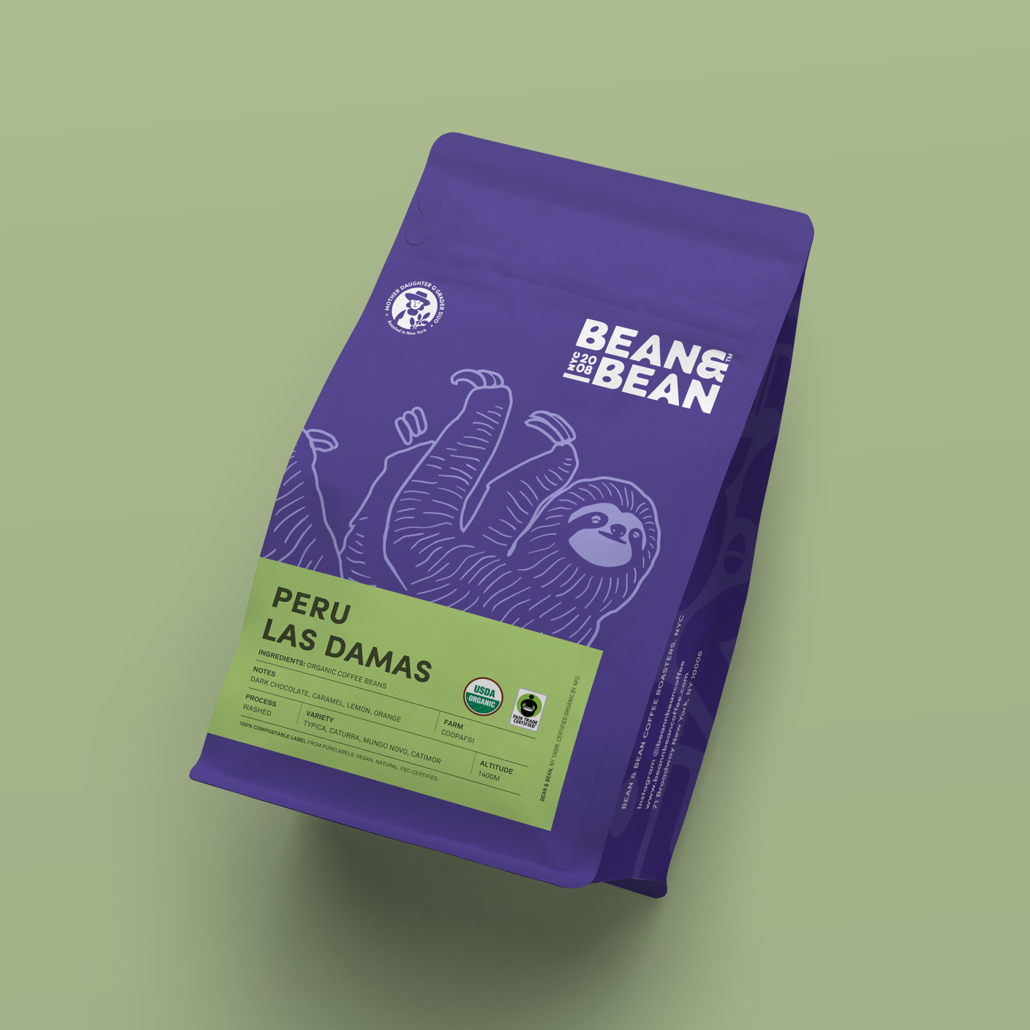 Purple "Bean & Bean Coffee Roasters" bag with a green label that says "Peru Las Damas"