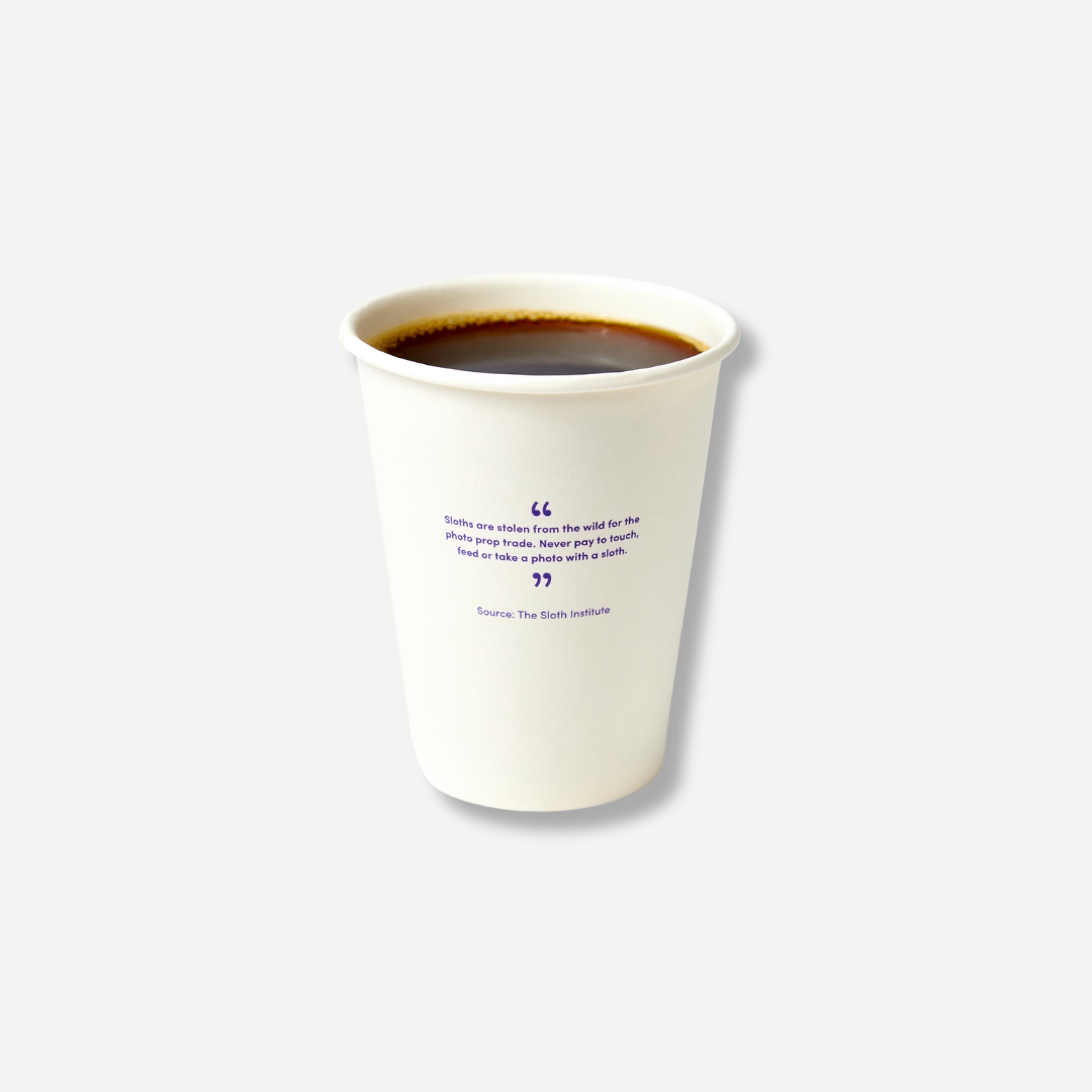 A white paper cup filled with hot coffee, showing a small printed quote about sloth welfare with “Source: The Sloth Institute” beneath it.