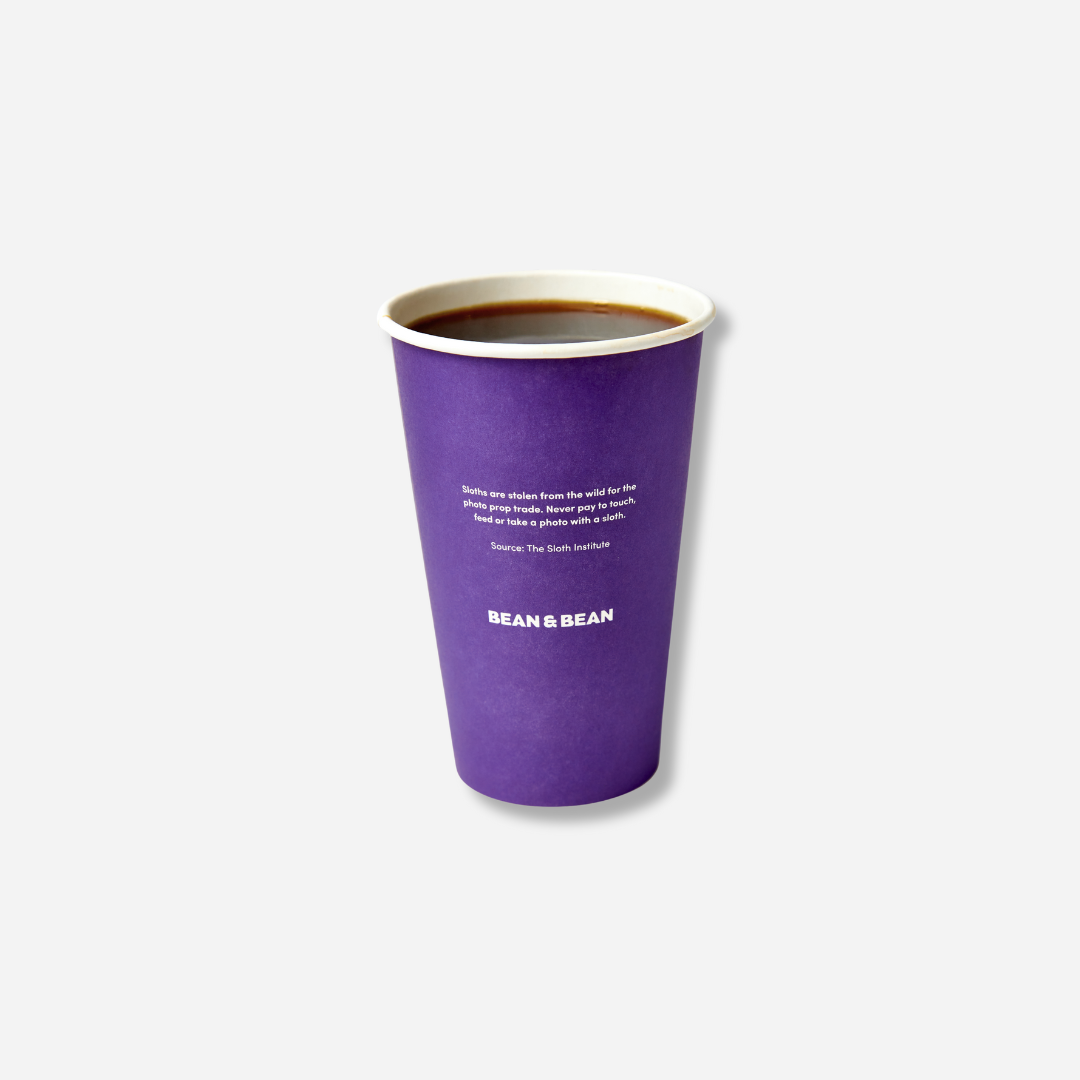 A purple paper cup filled with hot coffee, with a small sloth welfare quote printed near the top, “Source: The Sloth Institute,” and “BEAN & BEAN” printed below.