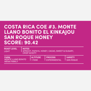 A magenta card with white text listing details for Costa Rica COE #3 Monte Llano Bonito El Kinkajou San Roque Honey, including score, roast level, tasting notes, farm, altitude, process, and variety.