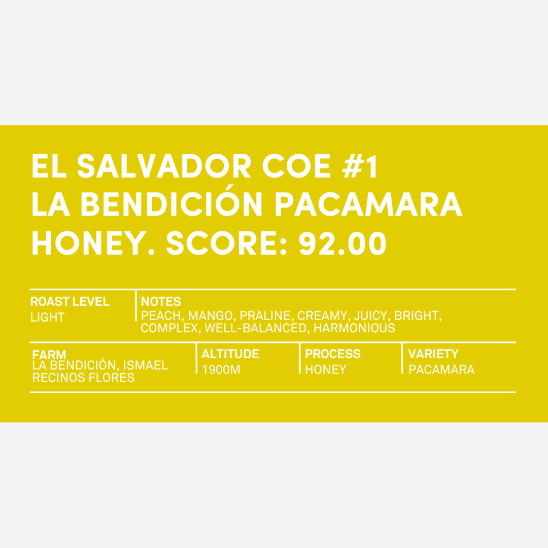 A bright yellow card with white text showing information for El Salvador COE #1 La Bendición Pacamara Honey, including score, roast level, tasting notes, farm, altitude, process, and variety.