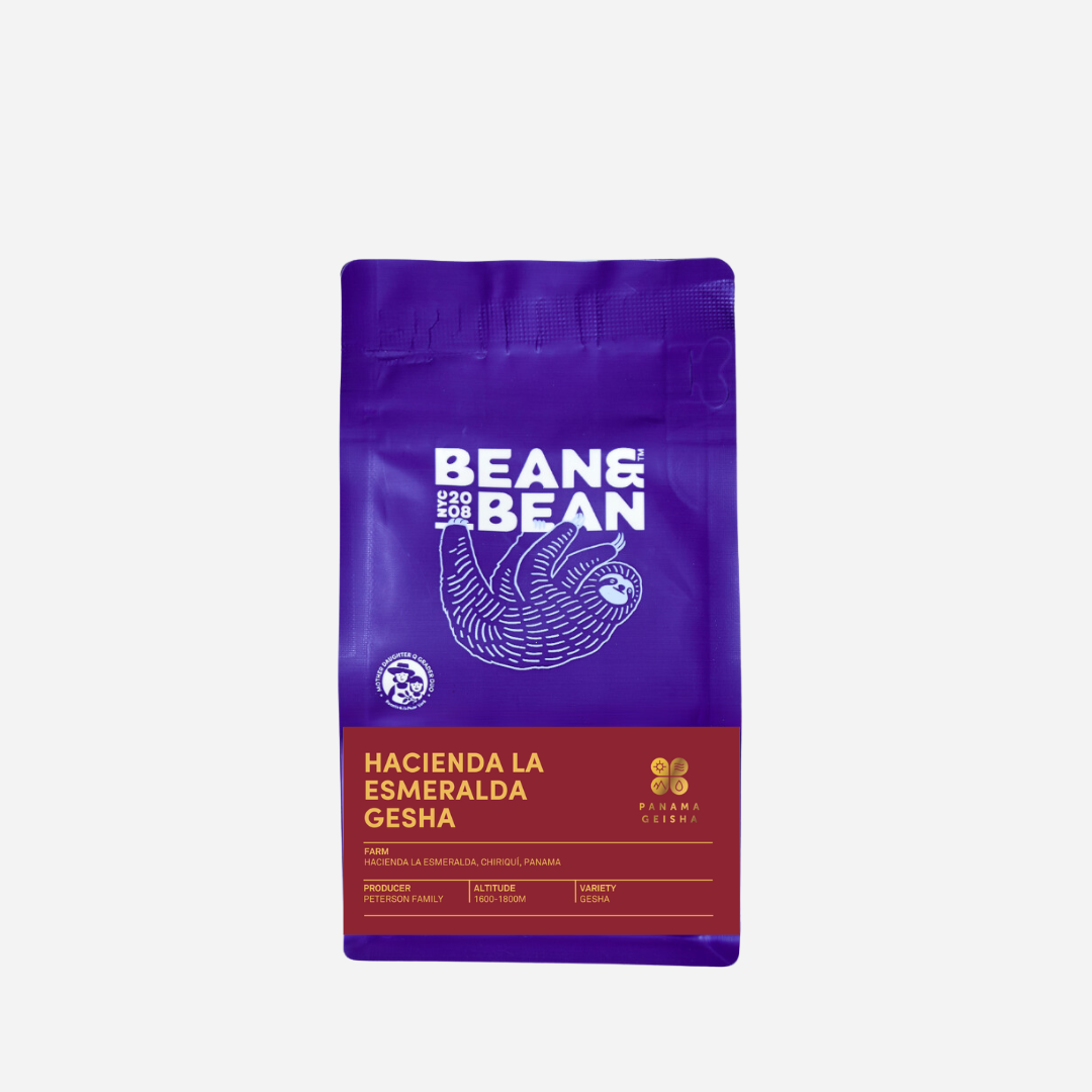 Purple "Bean & Bean Coffee Roasters" bag with a colored label that says Panama Hacienda La Esmeralda Gesha Natural Tumaco 3NC [Score: 92.0]