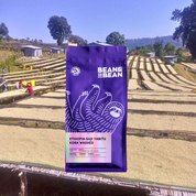 A purple coffee bag labeled "Bean & Bean, Ethiopia Guji Yabitu Koba Washed". Product details list light roast, notes of raspberry, key lime, and hibiscus, producer Yabitu Koba, washed process, and Ethiopia landrace variety. The bag is set against a background of a coffee farm in Ethiopia, showing raised drying beds covered with coffee cherries or parchment.