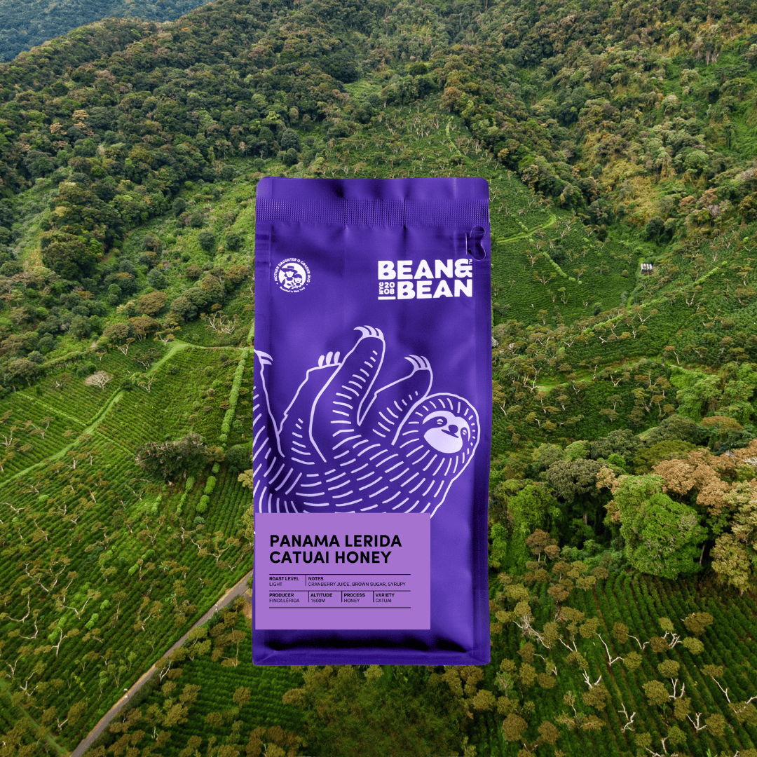 Purple Bean & Bean coffee bag labeled Panama Lerida Catuai Honey, light roast, featuring a sloth illustration, shown against an aerial view of coffee farm hillsides.