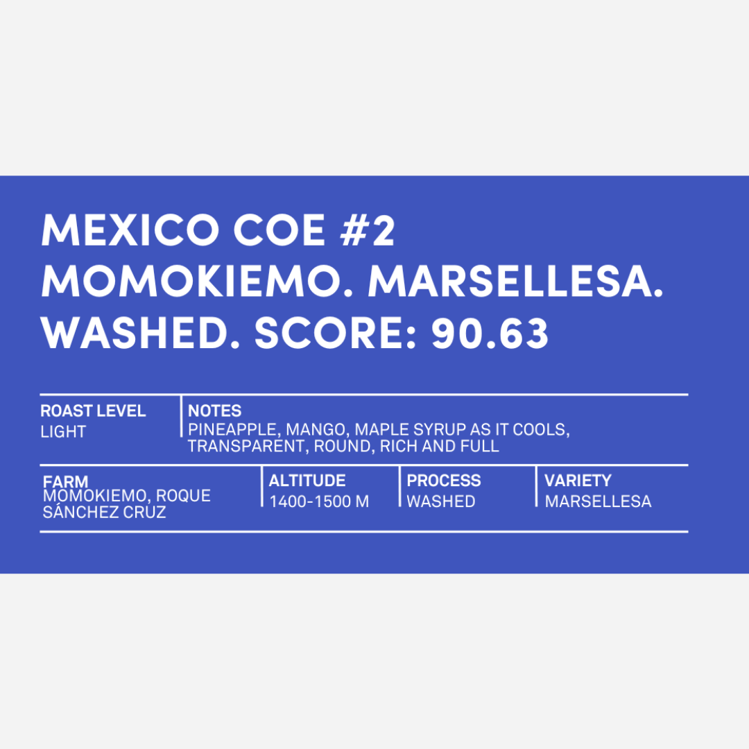 A blue card with white text presenting Mexico COE #2 Momokiemo Marsellesa Washed, with score, roast level, tasting notes, farm, altitude, process, and variety.