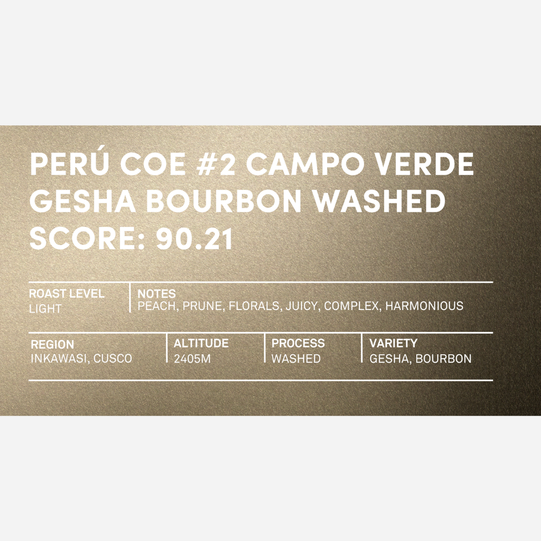 A metallic gold card with white text describing Perú COE #2 Campo Verde Gesha Bourbon Washed, listing score, roast level, tasting notes, region, altitude, process, and variety.