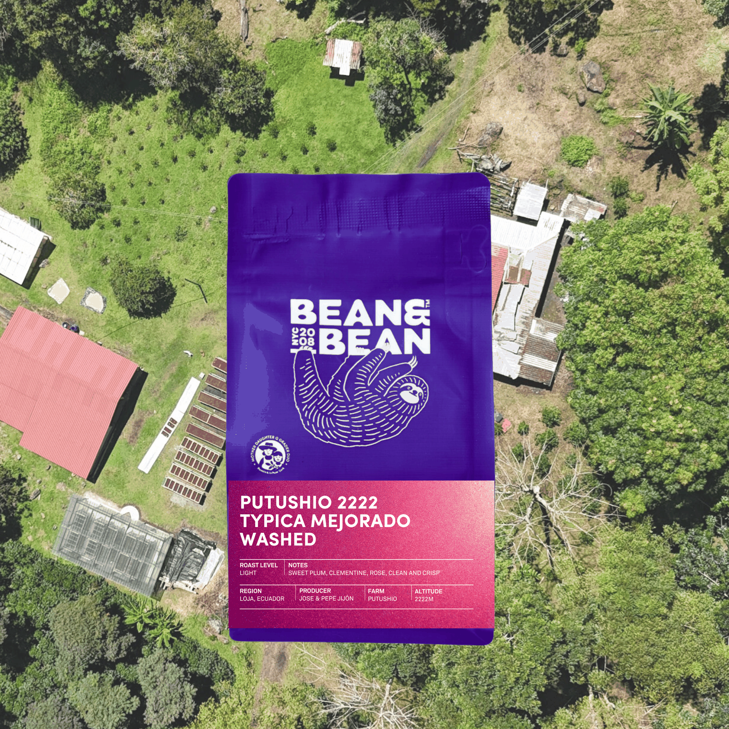 Purple "Bean & Bean Coffee Roasters" bag with a colored label that says [PREORDER] Ecuador Putushio Typica Mejorado Washed