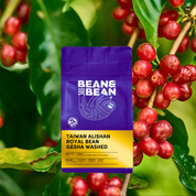 A purple Bean & Bean coffee bag labeled “Taiwan Alishan Royal Bean Gesha Washed” displayed in front of ripe red coffee cherries on the branch.