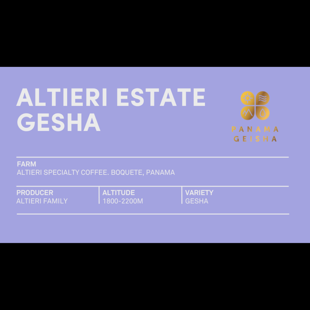 A lavender coffee label featuring the text “Altieri Estate Gesha” with farm, producer, altitude, and variety details. The Panama Gesha gold emblem appears on the right.