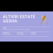 A lavender coffee label featuring the text “Altieri Estate Gesha” with farm, producer, altitude, and variety details. The Panama Gesha gold emblem appears on the right.