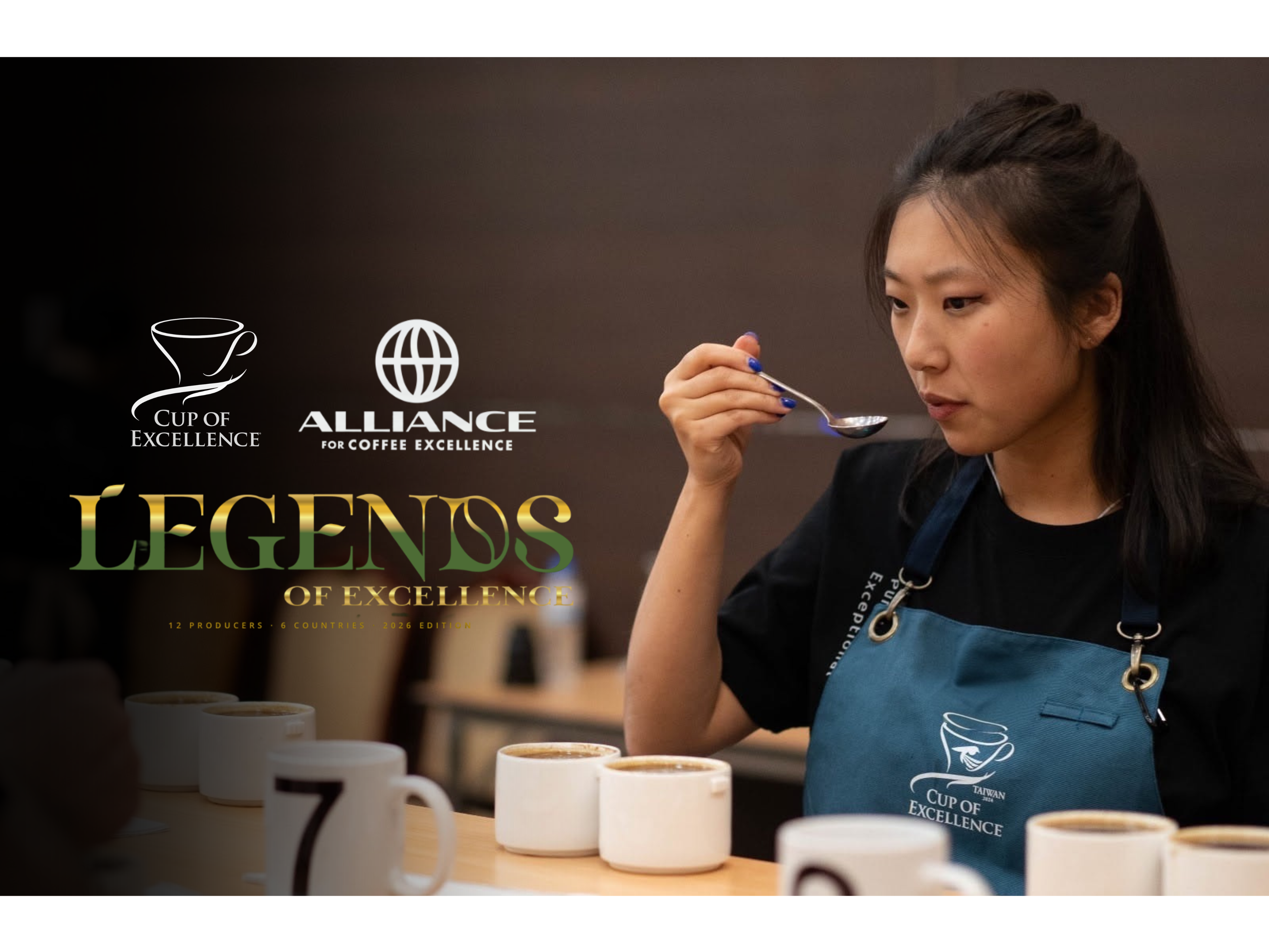 Jiyoon Han, Bean & Bean co-founder, cupping coffee with a spoon at a table of 
  numbered cupping bowls, with Cup of Excellence and Alliance for Coffee Excellence 
  logos and 'Legends of Excellence: 12 Producers, 6 Countries, 2026 Edition' text 
  overlay.