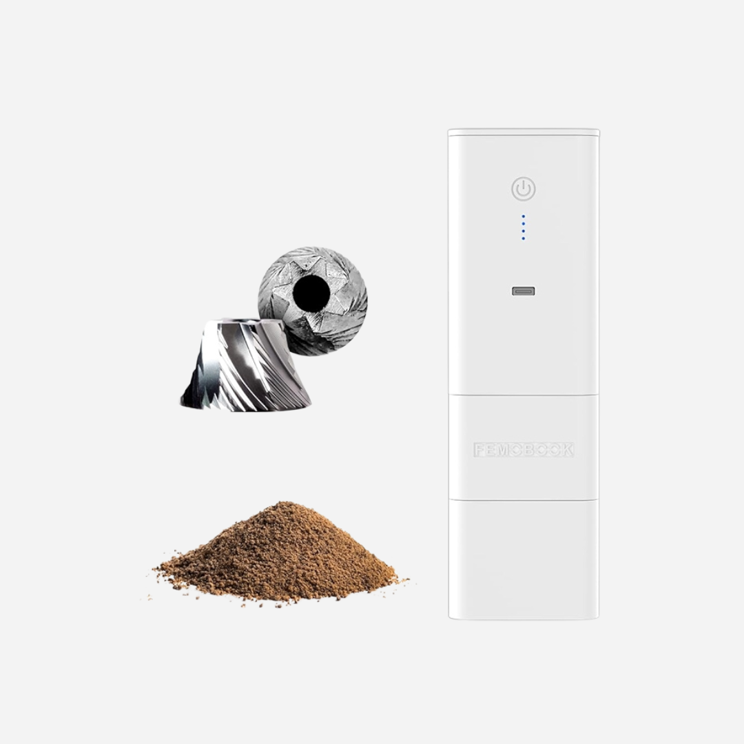 White Femobook A2 electric coffee grinder shown with its 38mm stainless steel conical burr set and freshly ground coffee. Image from Amazon.