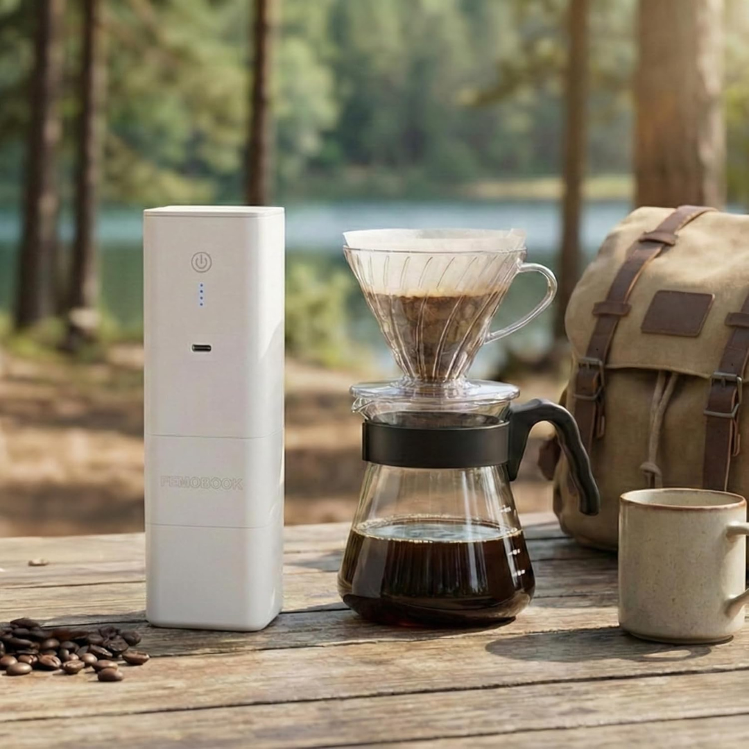 White Femobook A2 electric coffee grinder on a wooden table in an outdoor setting next to a pour-over coffee server, whole beans, a ceramic mug, and a canvas backpack. Image from Amazon.