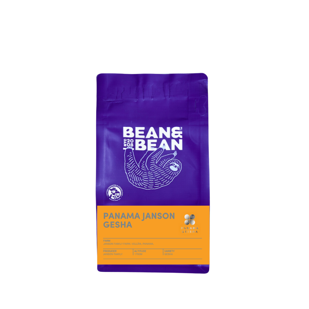 Purple coffee bag with 'Beans on a Bean' branding and coffee details.