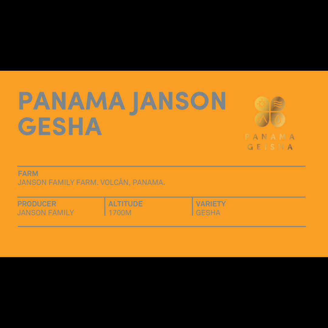 A bright orange coffee label showing “Panama Janson Gesha” with farm, producer, altitude, and variety details. The gold Panama Gesha emblem is on the right.