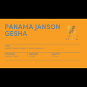 A bright orange coffee label showing “Panama Janson Gesha” with farm, producer, altitude, and variety details. The gold Panama Gesha emblem is on the right.