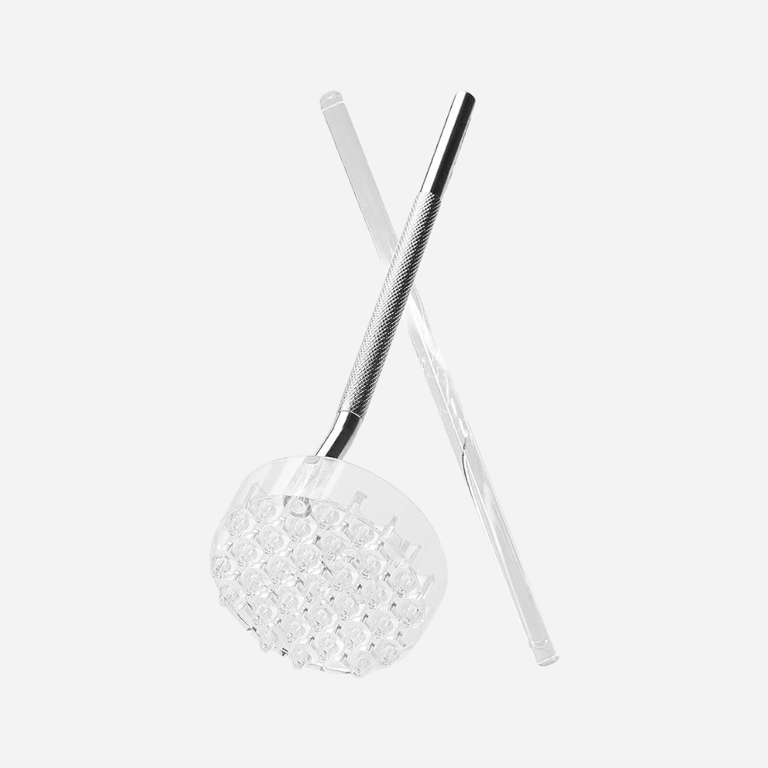 A stainless steel handheld coffee tool with a clear round head covered in small holes that gently spreads hot water evenly over coffee grounds during pour over brewing.