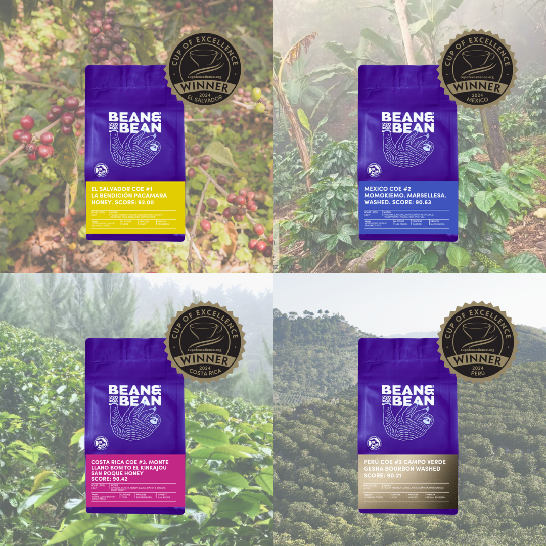A four-panel image shows four Bean & Bean coffee bags from Cup of Excellence–winning lots, each placed in front of a different coffee farm landscape. Each panel includes a gold Cup of Excellence “Winner” badge near the bag.