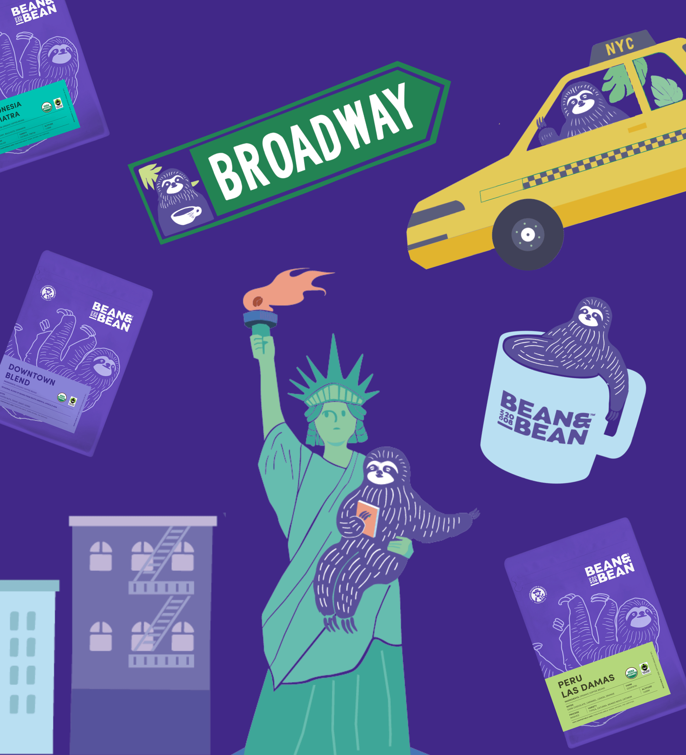 The Statue of Liberty is holding a sloth and a coffee cup.