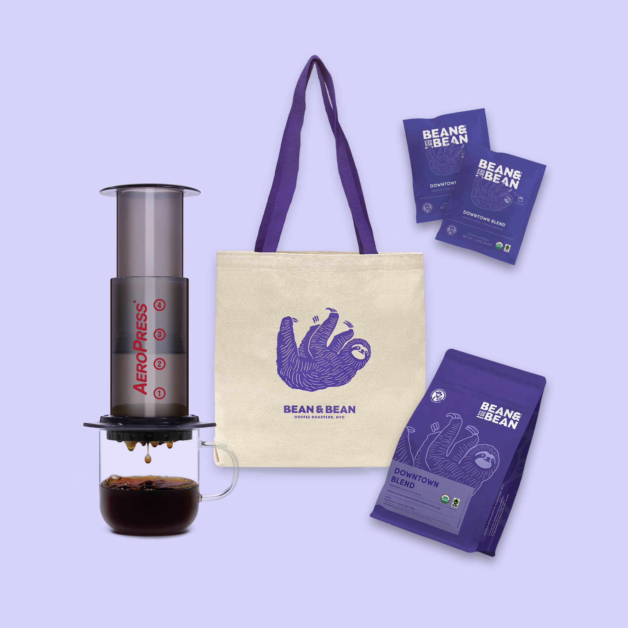 Bean & Bean NYC Aeropress Brew Anywhere Kit with Aeropress Coffee Maker and Components, Bean and Bean Dunk and Steep Coffee Tea Bags, Bean and Bean Handmade Tote Bag with Sloth Graphic, and Bean and Bean Downtown Blend Coffee Bean Bag 12 Ounces