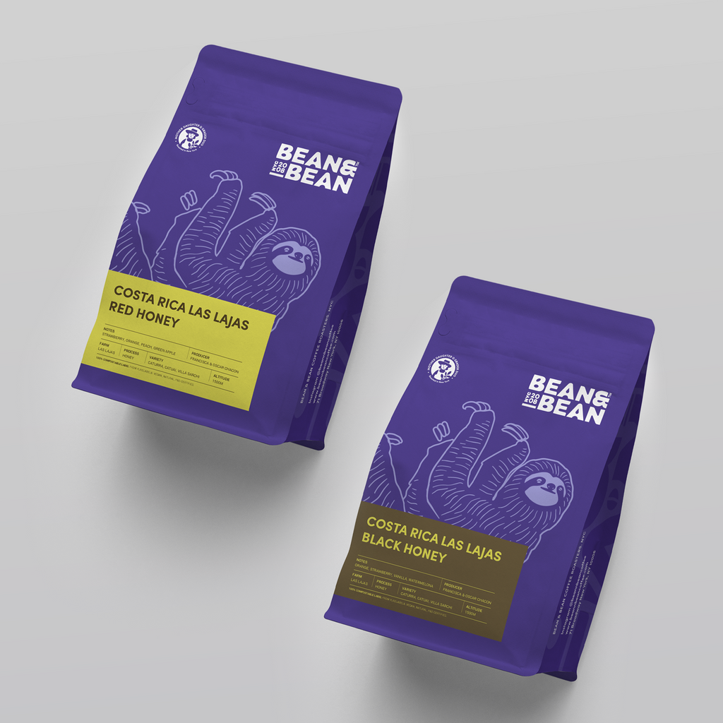 Two Purple "Bean and Bean Coffee" Bags, one with a yellow label that says "Costa Rica Las Lajas Red Honey" and the other with a brown label that says "Costa Rica Las Lajas Black Honey"