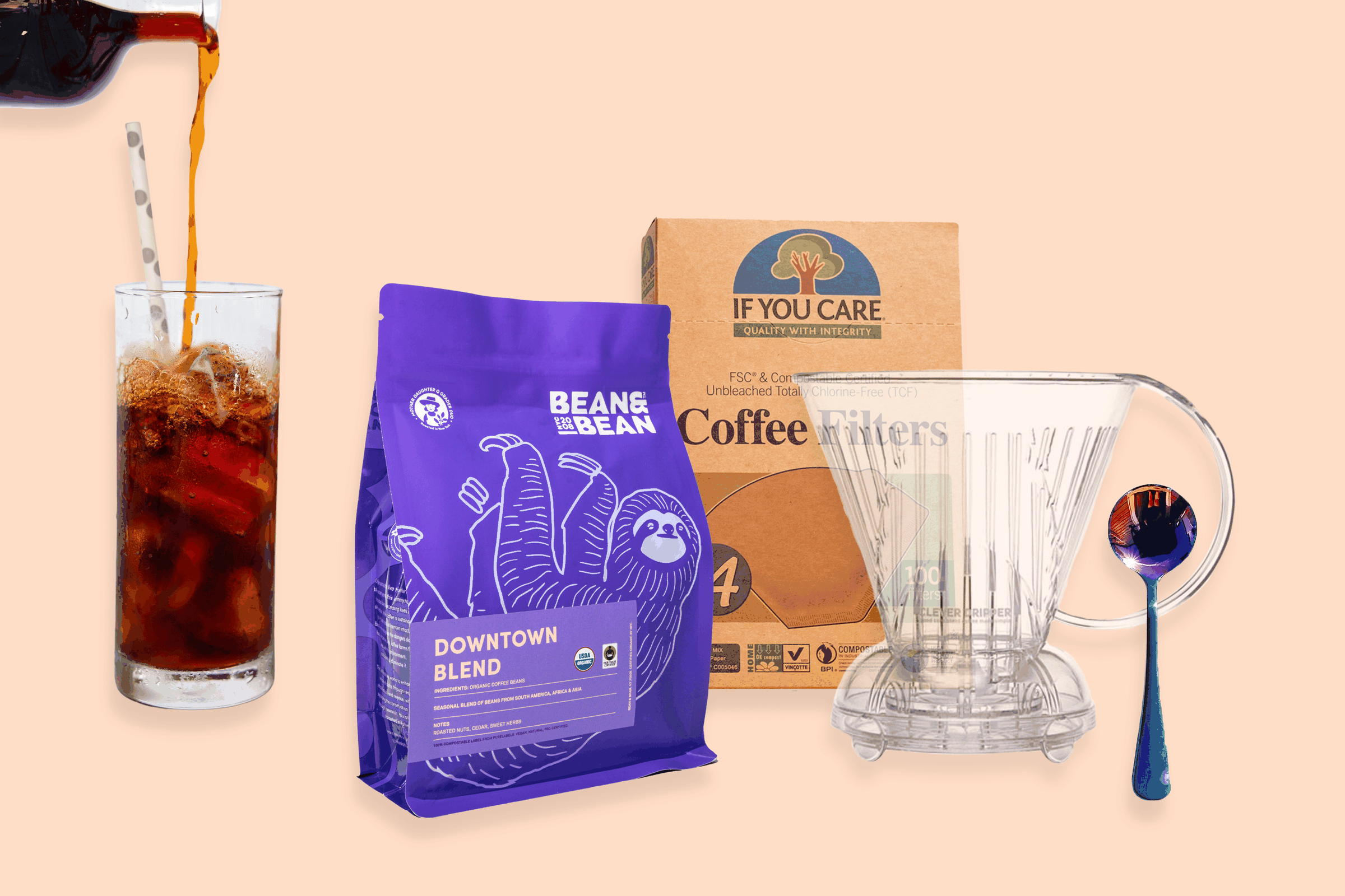 Iced coffee, bag of downtown blend, clever brewer & filters, Umeshiso spoon