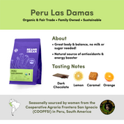An advertisement for Peru Las Damas coffee with a purple bag of coffee beans and flavor notes of dark chocolate, lemon, and caramel.