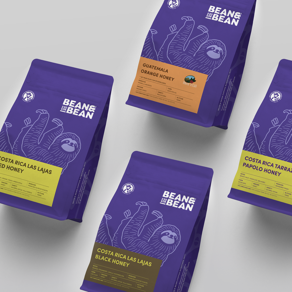 Four Purple "Bean and Bean Coffee" Bags, one with a yellow label that says "Costa Rica Las Lajas Red Honey," another with an orange label that says "Guatemala Orange Honey", another with a yellow label that says "Costa Rica Tarrazu Papolo Honey," and another with a brown label that says "Costa Rica Las Lajas Black Honey"