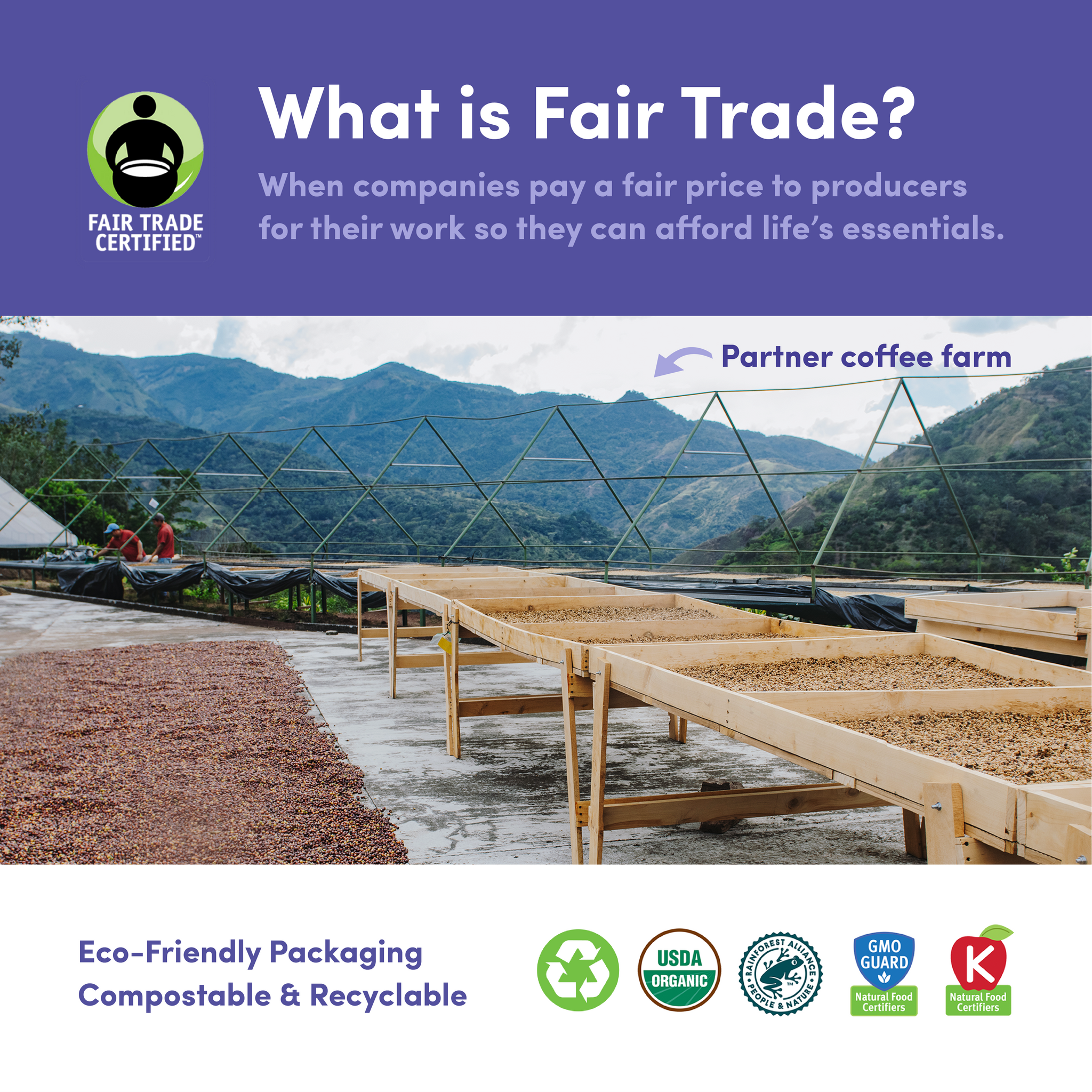 A photo of a coffee farm with rows of drying coffee beans in the background. In the foreground, there is a green banner with white text that reads ‘What is Fair Trade? When companies pay a fair price to producers for their work so they can afford life’s essentials.’ Below the banner, there are logos for eco-friendly packaging, USDA Organic, Non-GMO Project Verified, and Kosher