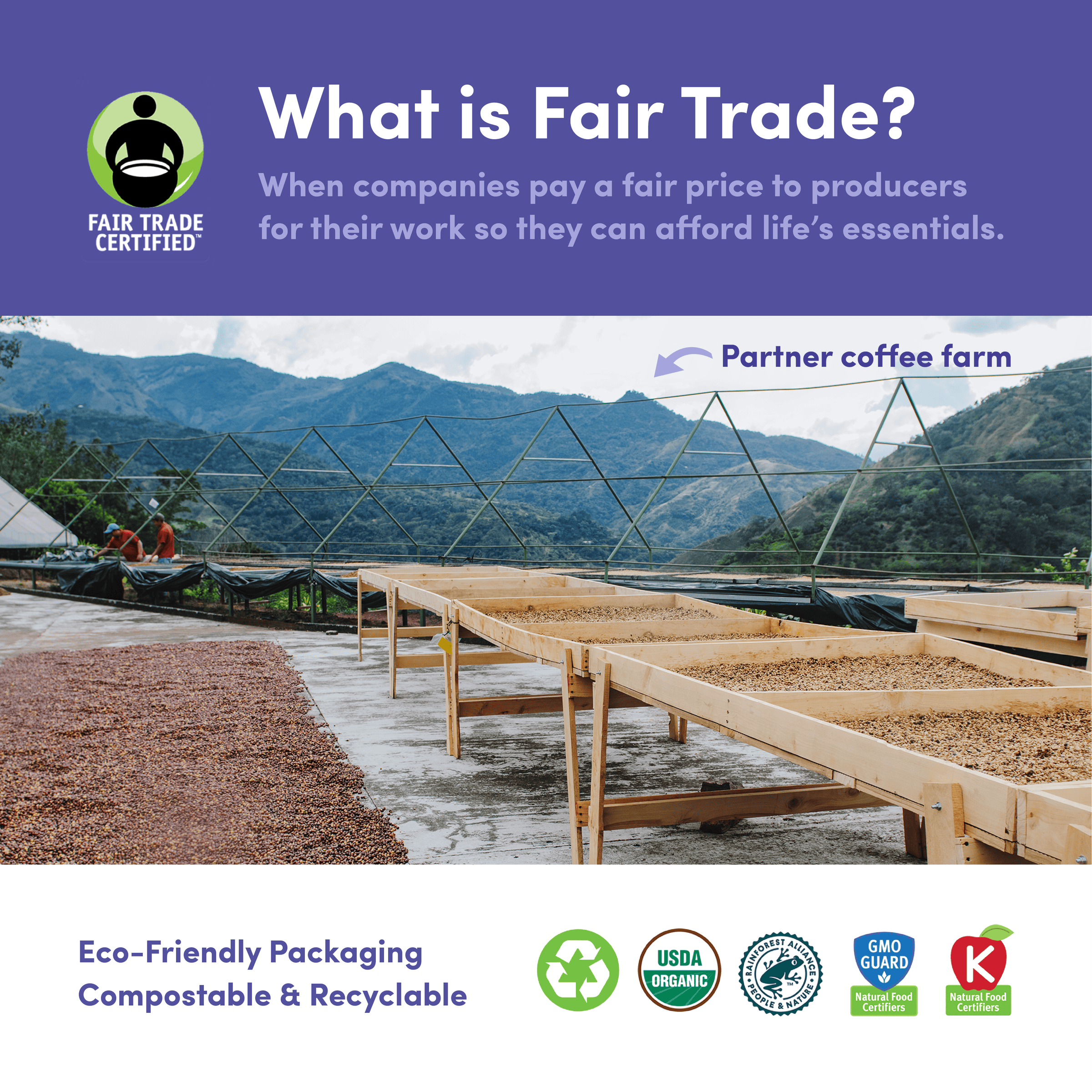 Explanation of Fair Trade with image of coffee beans drying at a partner coffee farm. Highlights fair pay for producers and eco-friendly, compostable, and recyclable packaging.