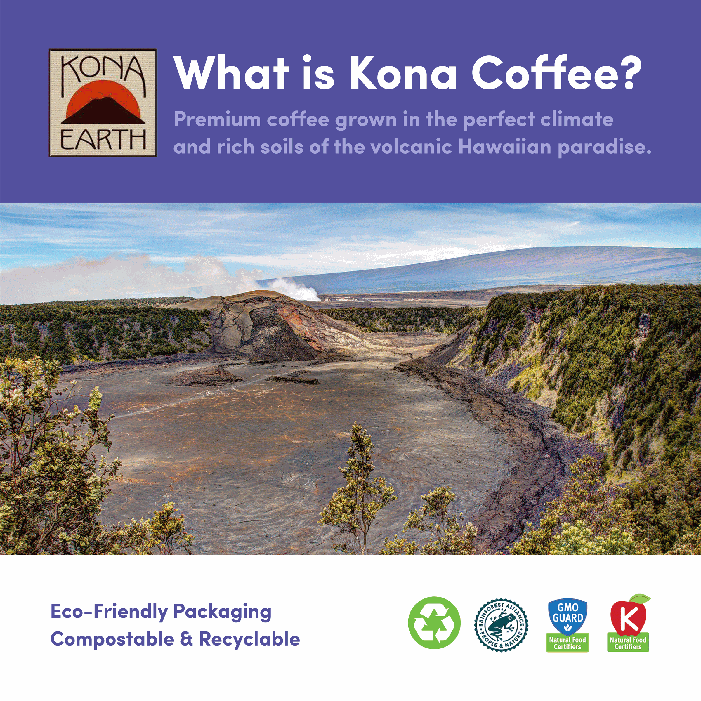 Explaining Kona Coffee as premium coffee grown in Hawaii's volcanic soil. Includes eco-friendly, compostable, and recyclable packaging icons