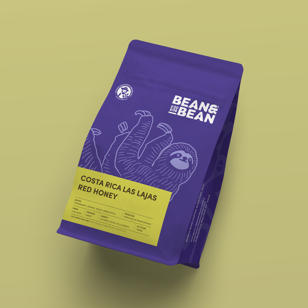 Purple "Bean & Bean Coffee Roasters" bag with a yellow label that says "Costa Rica Las Lajas Red Honey"
