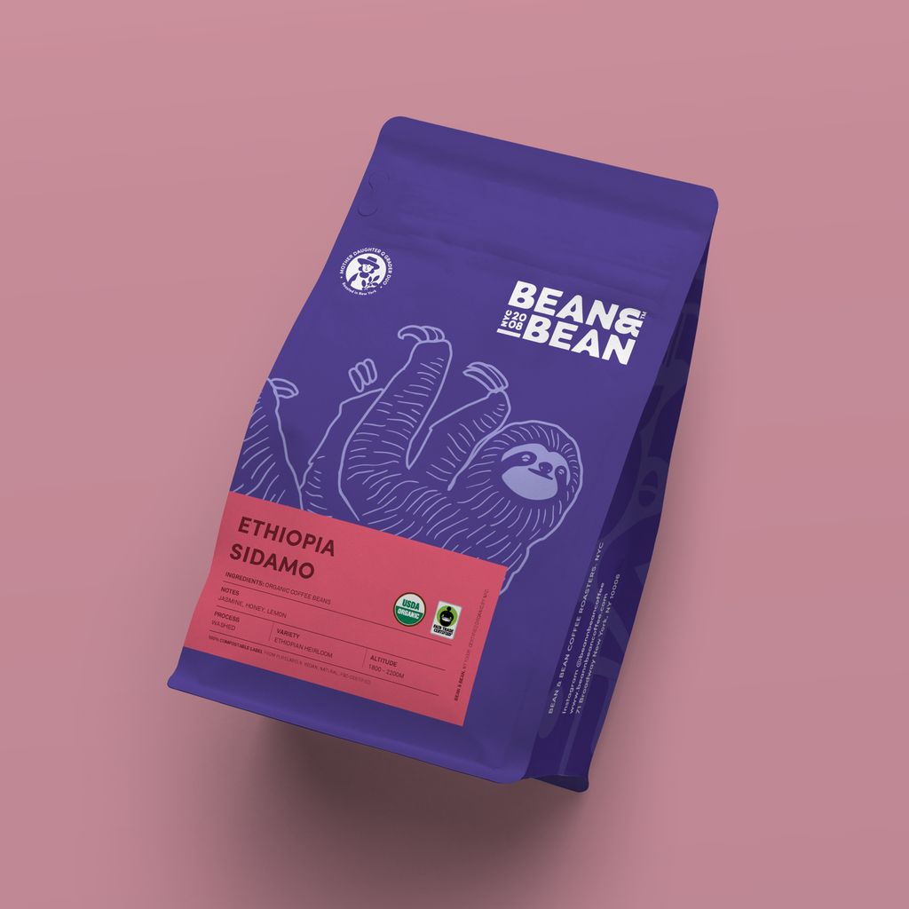 Purple "Bean & Bean Coffee Roasters" bag with a pink label that says "Ethiopia Sidamo"